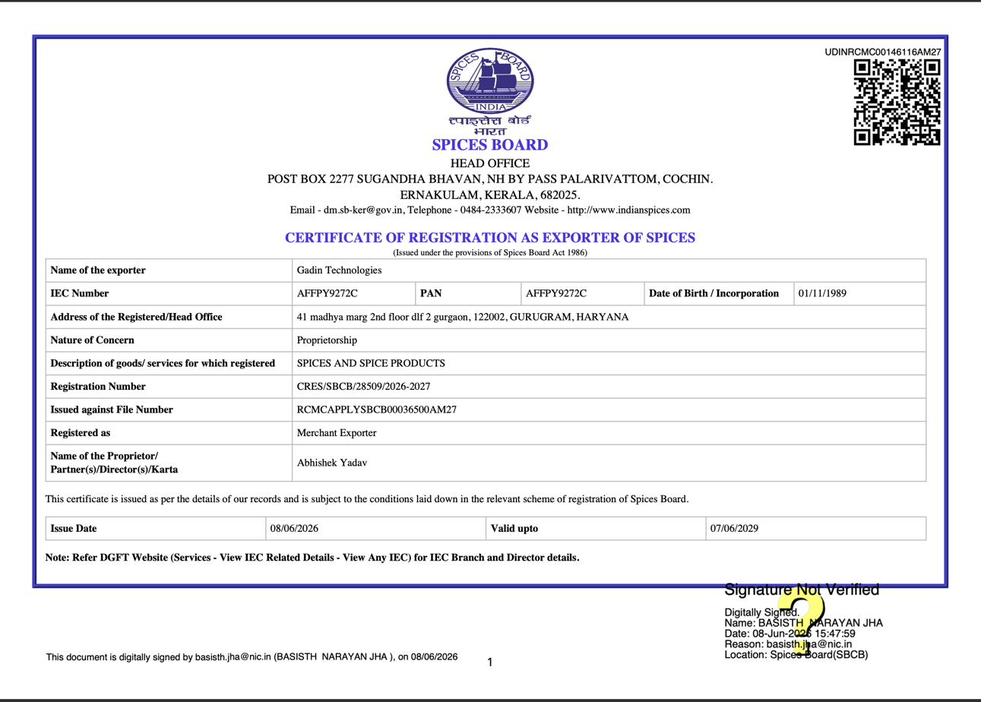 Spices Board RCMC Certificate Merchant Exporter Gadin Exports CRES/SBCB/28509