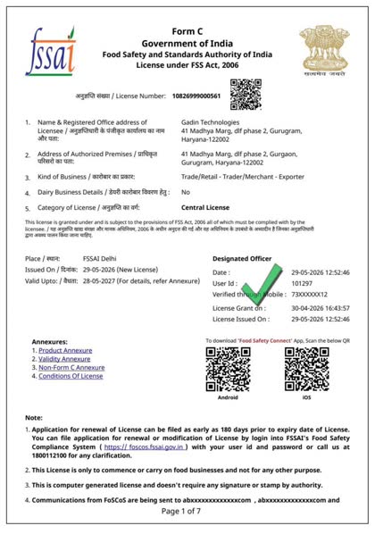 FSSAI central licence for Gadin Exports