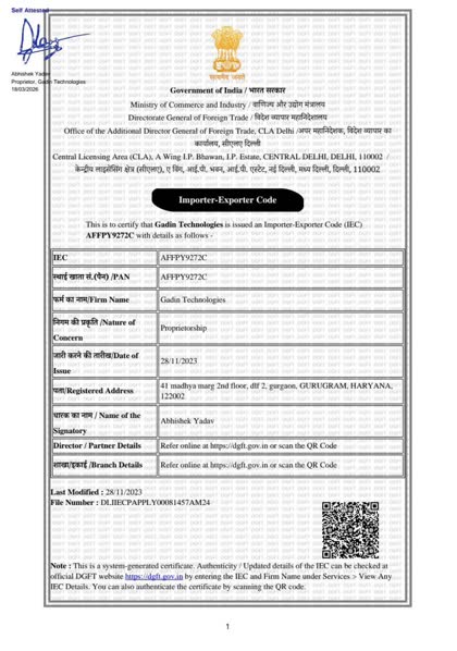 DGFT Import Export Code certificate for Gadin Exports