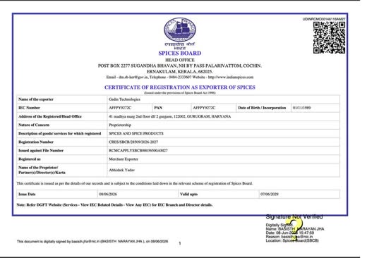 Spices Board of India RCMC certificate for Gadin Exports